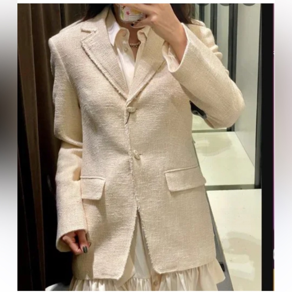 ZARA Cream Tweed Natural Woven Trim Textured Blazer Suit Jacket XS NWOT